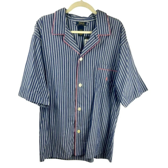 NEW Polo Ralph Lauren PJ Pajama Shirt Men Medium Button Short Sleeve Stripe Blue - Picture 1 of 6